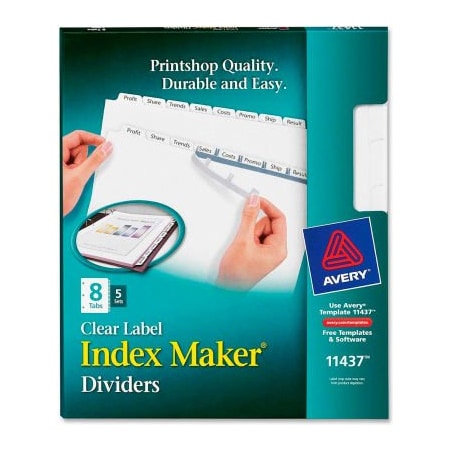 Avery Index Maker Clear Label Divider, 8 Tabs, 5 Sets, White/White